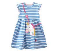 Vckrio Girls Dresses Short Sleeve Blue White Stripe Shirts Dress Embroidery Applique Flowers Horse Cartoon Pattern Kids Cotton Crew Neck A-Line Dress Traveling Outdoor Christmas for Child 6-7 Years