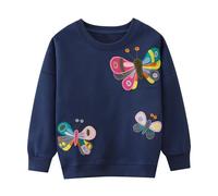 Vckrio Girls Sweatshirts Navy Blue Colorful Butterfly Pattern Jumpers for Kids Appliques Embroidered Cotton Pullover Long Sleeves Warm Shirts Casual Spring Summer Hoodless Outfits for Child 4-5 Years