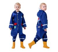 Vckrio Kids Rain Suit Waterproof Boy Rain Overalls Jumpsuit All In One Navy Blue Rainproof Puddle Mud Suit Reusable Portable Plane Star Print Raincoat Hood with Pocket Zipper for Children 7-8 Years