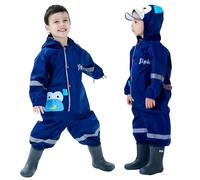 Vckrio Kids Rain Suit Waterproof Boys Rain Overalls Jumpsuit All In One Navy Blue Rainproof Puddle Mud Suit Reusable Portable Monkey Print Raincoat with Hood Pocket Zipper for Children 7-8 Years