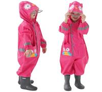 Vckrio Kids Rain Suit Waterproof Girl Rain Overalls Jumpsuit All In One Rose Red Rainproof Puddle Mud Suit Reusable Portable Windproof Owl Print Raincoat Hood with Pocket Zipper for Children 7-8 Years