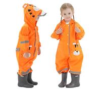 Vckrio Puddle Mud Suit Baby Boys Waterproof Rain Jumpsuit Orange Rainproof Overalls Quick Dry Windproof Raincoat All In One Portable with Reflective Strip Tiger Cartoon Print for Toddlers 1-2 Years