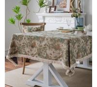 VClife Rustic Cottagecore Tablecloth - Soft Cotton Linen Rectangle Table Cover, 1 pc Shabby Chic Sage Green Caramel Beige Floral Jacquard Tablecloth for 8-10 Seat, Thick Kitchen Party Table Protector
