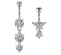 VCMART 2pcs Belly Button Rings 10mm Surgical Steel Navel Bars 14G Butterfly Heart Dangle Silver Gold Belly Piercing Jewellry