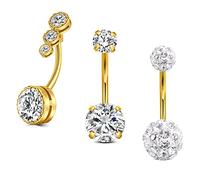 VCMART 3pcs Belly Bar 12mm Gold Navel Button Rings Surgical Steel 14G Piercing Jewellery with Diamond Crystal