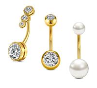 VCMART 3pcs Belly Bar 12mm Gold Navel Button Rings Surgical Steel 14G Piercing Jewellery with Diamond Crystal