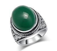 VCODWCSJO Vintage Natural Emerald Old Silver Exquisitely Carved Totem Men's Ring-green-7