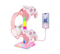 VCOM Pink Headphone Stand with 10 Light Modes, Gaming Controller Holder | With 2 USB Ports, PC Gaming Accessories for Desk, Universal Organizer Headsets/Xbox PS5 Controller Stand Gamer Gifts
