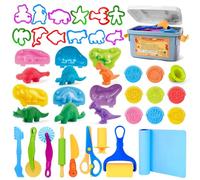 VConejo Dough Tools Play Sets for Kids, 37pcs Clay and Dough Accessories with Storage Container, Mat, Cutters, Rolling Pins, Safety Scissors, Stamps, Animal and 3D Dino Makers for Boys Girls