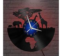 VCS African Wilderness Elephant and Giraffe theme Vinyl Record vintage Wall Clock for Kitchen(B,with LED)
