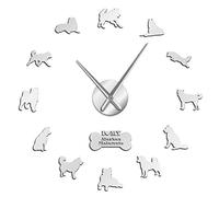 VCS Alaskan Malamute Long Hands Big Time Wall Clock Mally Puppy Dogs Postures Wall Art Hanging Timepieces Frameless Wall Watch Decor(Silver,47inch)