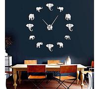 VCS Jungle Animals Elephant DIY Large Wall Clock Home Decor Modern Design Mirror Effect Giant Frameless Elephants DIY Clock Watch (Silver、37inch)