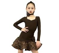 VCSZYAFX Girls Long Sleeve Latin Dance Dress Training Tango Rumba Performance Outfits Suitable for tango performances in dance halls(Dark coffee,130cm)