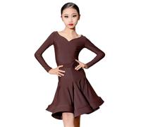 VCSZYAFX Latin Dance Rules Competition Dress Girls Professional International Standard Skirt Suitable for tango performances in dance halls(Coffee,110)