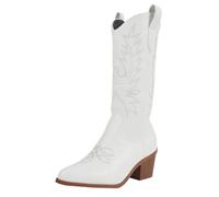 VCSZYAFX Mid-Calf Boot For Women Trend Slip On Embroidered Western Cowgirl Boots Vintage Style White High Heels For Theme Party Country Concert(White,42)