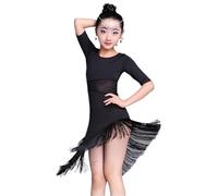 VCSZYAFX Mid Long Sleeve Lace Mesh Mordern Ballroom Dancing Dresses For Salsa Tango Skirt Latin Dance Dress Girls Suitable for tango performances in dance halls(Black,Height 140 to 150cm)