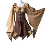 VCSZYAFX Middle Ages Dresses Horn Sleeve Long Sleeved Medieval Renaissance Dress High Waisted Casual Comfortable Autumn Winter Clothes(Khaki,XXXL)