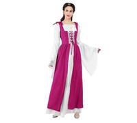 VCSZYAFX Renaissance Medieval Vintage Boho Long Sleeves Dress Women Patchwork Lace Up Over Two Pieces Retro Gown Plus Size(6504Rose Red,M)