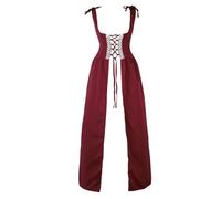 VCSZYAFX Renaissance Medieval Vintage Boho Long Sleeves Dress Women Patchwork Lace Up Over Two Pieces Retro Gown Plus Size(6504AWine Red,XXL)
