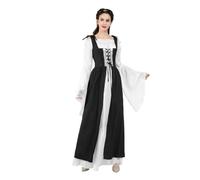 VCSZYAFX Renaissance Medieval Vintage Boho Long Sleeves Dress Women Patchwork Lace Up Over Two Pieces Retro Gown Plus Size(6504black,XXL)
