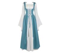 VCSZYAFX Renaissance Medieval Vintage Boho Long Sleeves Dress Women Patchwork Lace Up Over Two Pieces Retro Gown Plus Size(6504Light Blue,XXL)