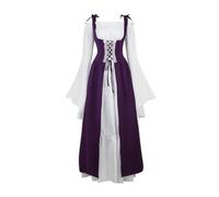 VCSZYAFX Renaissance Medieval Vintage Boho Long Sleeves Dress Women Patchwork Lace Up Over Two Pieces Retro Gown Plus Size(6504DeepPurple,XXL)