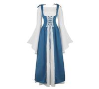 VCSZYAFX Renaissance Medieval Vintage Boho Long Sleeves Dress Women Patchwork Lace Up Over Two Pieces Retro Gown Plus Size(6504Lake Blue,XXL)