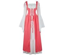 VCSZYAFX Renaissance Medieval Vintage Boho Long Sleeves Dress Women Patchwork Lace Up Over Two Pieces Retro Gown Plus Size(6504pink,XXL)