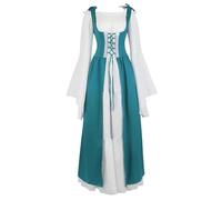 VCSZYAFX Renaissance Medieval Vintage Boho Long Sleeves Dress Women Patchwork Lace Up Over Two Pieces Retro Gown Plus Size(6504Sea Blue,XXL)
