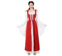 VCSZYAFX Renaissance Medieval Vintage Boho Long Sleeves Dress Women Patchwork Lace Up Over Two Pieces Retro Gown Plus Size(6504Red,XXXL)