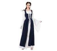 VCSZYAFX Renaissance Medieval Vintage Boho Long Sleeves Dress Women Patchwork Lace Up Over Two Pieces Retro Gown Plus Size(6504Deep Blue,XXL)
