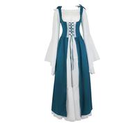 VCSZYAFX Renaissance Medieval Vintage Boho Long Sleeves Dress Women Patchwork Lace Up Over Two Pieces Retro Gown Plus Size(6504Dark Green,XXL)
