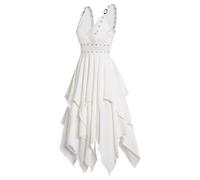 VCSZYAFX Sexy V Neck Gothic Vintage Dress High Waist Irregular Hem Medieval Suspender A-Line Women Halloween Cosplay Costume(White,XL)