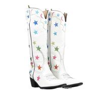 VCSZYAFX White Cowboy Boots Star Western Knee High Shoes For Women Plus Size 43 Cowgirl Vintage Embroider For Theme Party Country Concert(White,US 4 (22.5CM))