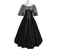 VCSZYAFX Women Patchwork Medieval Renaissance Dress Halloween Gothic Off Shoulder Retro Long(Grey Black,XXXL)
