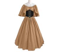 VCSZYAFX Women Patchwork Medieval Renaissance Dress Halloween Gothic Off Shoulder Retro Long(Pure Khaki,XXXL)