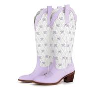 VCSZYAFX Women White Pull-on Knee High Cowgirl Boots With Bow Big Size Comfy Women Cowboy Boots For Theme Party Country Concert(SH240901E,44)