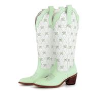 VCSZYAFX Women White Pull-on Knee High Cowgirl Boots With Bow Big Size Comfy Women Cowboy Boots For Theme Party Country Concert(SH240901F,37)