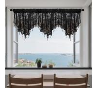 vctops 3 Piece Lace Waterfall Valances with Beaded Rustic Floral Embroidered Decorative Swag Valance Semi Sheer Rod Pocket Triangle Window Curtains for Kitchen Bedroom Living Room, Black