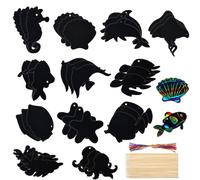 Vcuwni 36 PCS Rainbow Scratch Art for Boys and Girls, 12 Styles Ocean Animals Magic Scratch Cards with 18 Wooden Styluses and Ribbons, Black Scratch Off Paper Crafts forCrafts Under The Sea Party