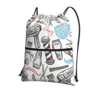 VCzsdff Barber Shop Monochrome Style Print Adjustable Drawstring Sack Bag, Lightweight Foldable Backpack, with Zipper Pocket for Hiking