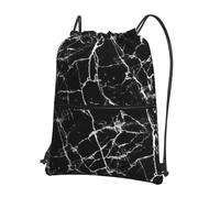 VCzsdff Black Marble Print Adjustable Drawstring Sack Bag, Lightweight Foldable Backpack, with Zipper Pocket for Hiking