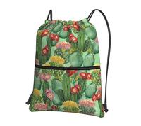 VCzsdff Cactus Floral Bloom Print Adjustable Drawstring Sack Bag, Lightweight Foldable Backpack, with Zipper Pocket for Hiking