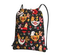 VCzsdff Cute Rooster Chickens Print Adjustable Drawstring Sack Bag, Lightweight Foldable Backpack, with Zipper Pocket for Hiking