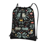 VCzsdff Funny Cats Birds and Flowers Print Adjustable Drawstring Sack Bag, Lightweight Foldable Backpack, with Zipper Pocket for Hiking
