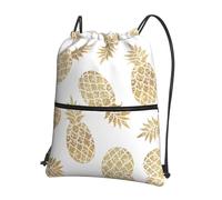 VCzsdff golden pineapple background Print Adjustable Drawstring Sack Bag, Lightweight Foldable Backpack, with Zipper Pocket for Hiking
