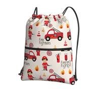 VCzsdff Little Boys and Girls in FireFighters Print Adjustable Drawstring Sack Bag, Lightweight Foldable Backpack, with Zipper Pocket for Hiking