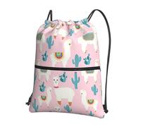 VCzsdff Llama Cactus Print Adjustable Drawstring Sack Bag, Lightweight Foldable Backpack, with Zipper Pocket for Hiking