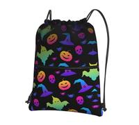 VCzsdff Rainbow Halloween Ghost Witch Hat Spiders Print Adjustable Drawstring Sack Bag, Lightweight Foldable Backpack, with Zipper Pocket for Hiking