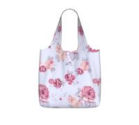 VCzsdff Red Roses Floral Print Foldable Grocery Tote Reusable Market Bag 25l Lightweight Polyester Shoulder Carryall
